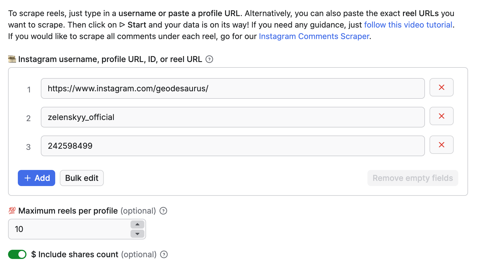 Instagram Reel Scraper input